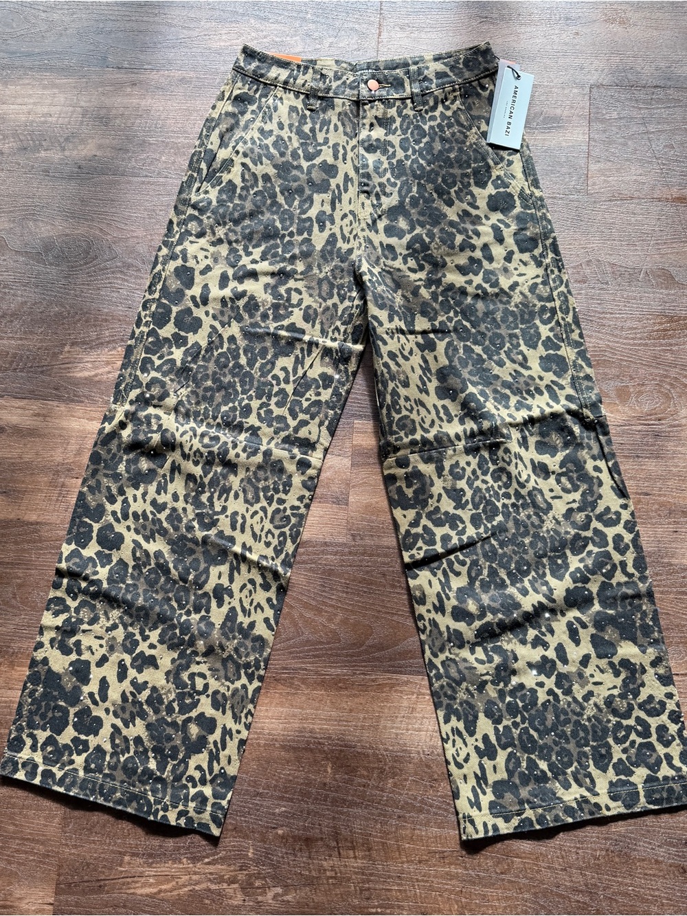 American Bazi Leopard Wide Leg Jeans Women M Rhinestone High Rise NWT RJH-10649
